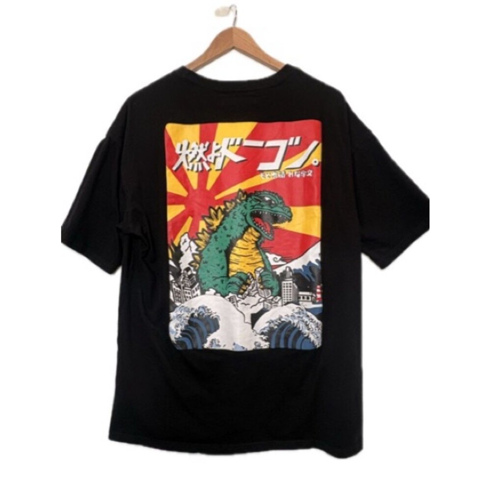 Godzilla Hokusai Wave Graphic Tee Mens Size XL Black Japanese Logo Short Sleeve